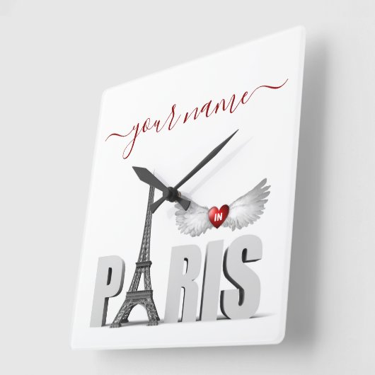 ユアネームインパリエッフェルタワーハートエンジェルウィング スクエア壁時計 (傾斜)