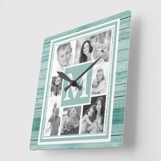 ユアフォト白黒ターコイズ航海のウッド スクエア壁時計 (傾斜)