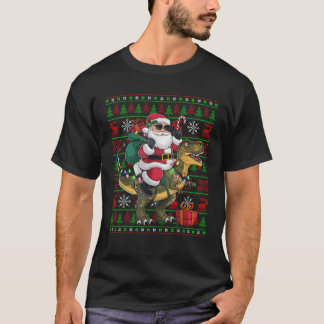 ユガイなクリスマス ライティング 恐竜に乗るサンタクロース T-Rex Tシャツ