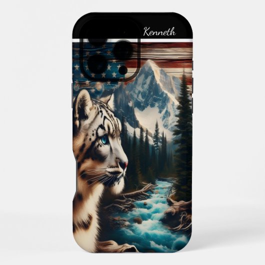 ユキヒョウが見る山の小川 iPhoneケース (裏面)