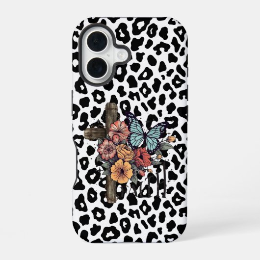 ユキヒョウの十字架、花と蝶々 iPhone 16ケース (裏面)