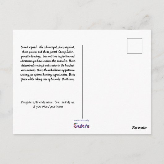 ユキヒョウを励ます「激しいのは美しい」 ポストカード (裏面)