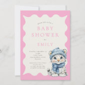 ユキヒョウ北極ピンクベビーシャワー 招待状 (正面)