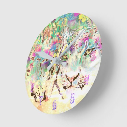 ユキヒョウ熱帯花ハワイアン動物 ラウンド壁時計 (傾斜)