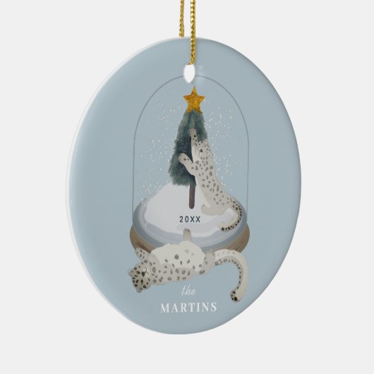 ユキヒョウ雪のグローブライトブルーホリデーフォト セラミックオーナメント (右)