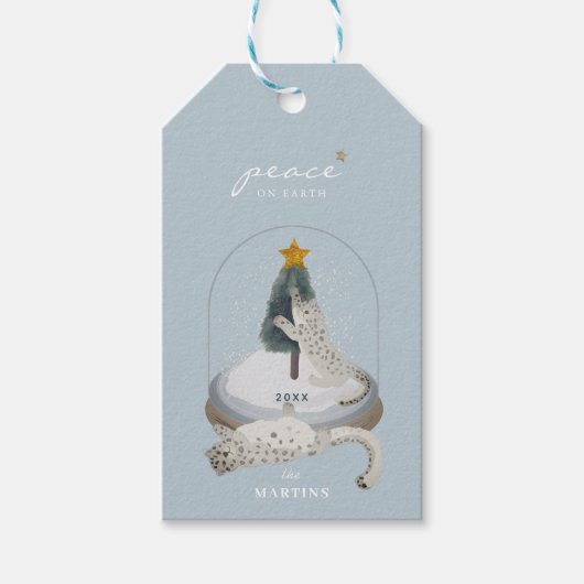 ユキヒョウ雪グローブライトブルーホリデー ギフトタグ (正面)
