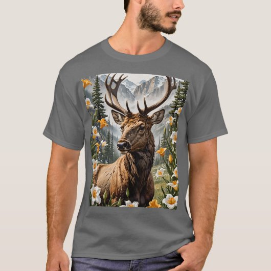 ユタ州のワセリンマムシグサの花に囲まれたマウンテンエルク Tシャツ (正面)