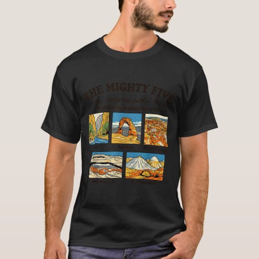 ユタ州の五大ナショナルパークスを称えるレトロな記念グッズ Tシャツ (正面)