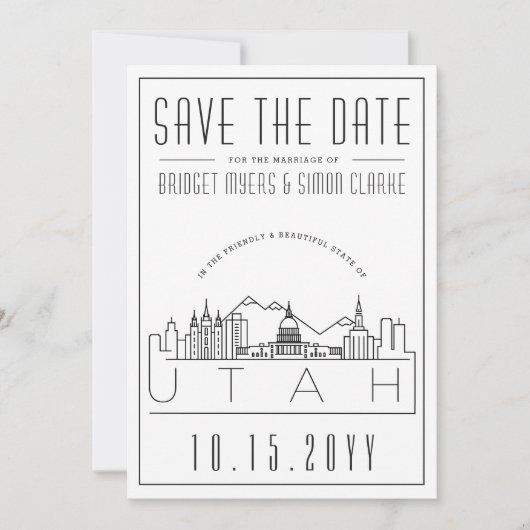 ユタ州の結婚式 スタイライズされたスカイライン 保存日付 招待状 (正面)