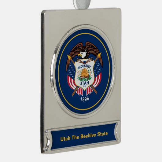 ユタ州:ビーハイブ州米国国旗、業界 シルバープレートバナーオーナメント (右)
