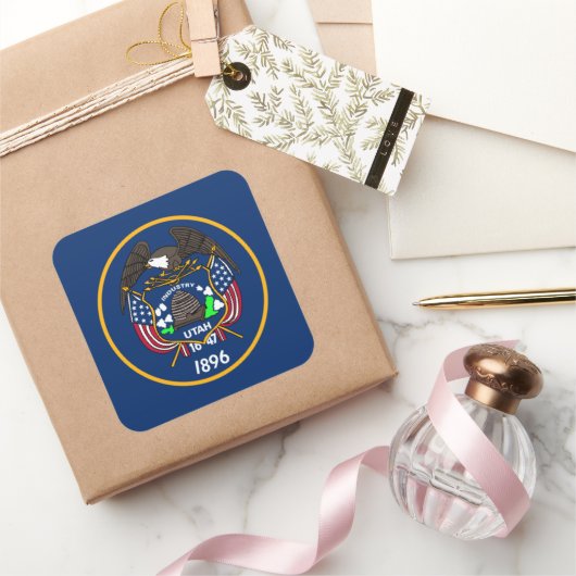 ユタ州：ビーハイブ州米国国旗、業界 スクエアシール (ギフト)