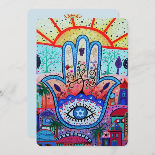 ユダヤのハムサ 手描き バー ミッツヴァ 招待状 (正面/裏面)