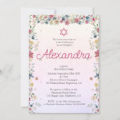 ユダヤ人の女の子のベビーデイビッドのフローラピンクの星を命名 招待状 (正面)