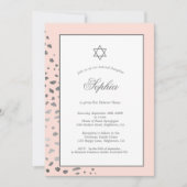 ユダヤ人の女の子のベビーピンクのヘブライ語のシルバースポットを命名 招待状 (正面)