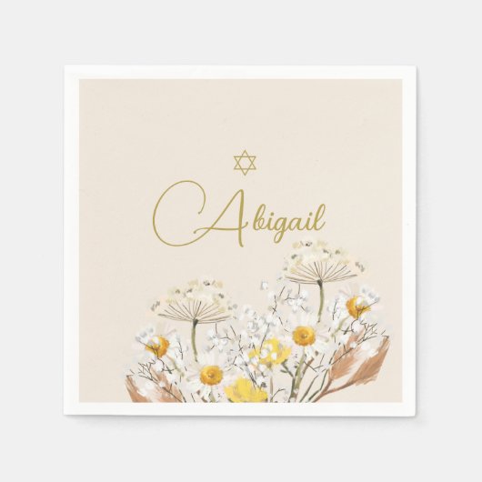 ユダヤ人の女の子のベビー名前付け水色フィールド花 スタンダードカクテルナプキン (正面)