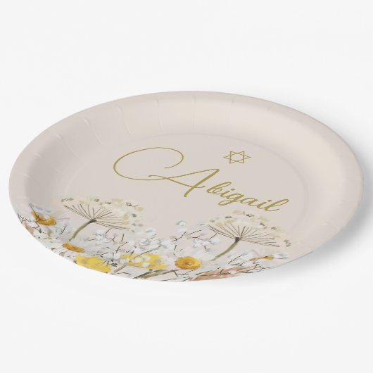 ユダヤ人の女の子のベビー名前付け水色フィールド花 ペーパープレート (アングル)