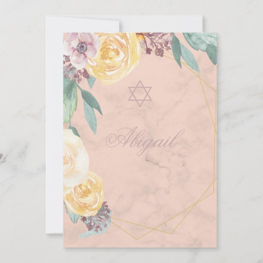 ユダヤ人ベビーの名前の幾何学的なフローラエレガントピンク 招待状 (裏面)