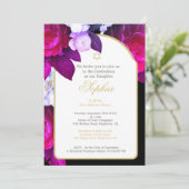 ユダヤ人ベビー名前付けフローラ紫ブラック金ゴールド 招待状 (スタンド正面)