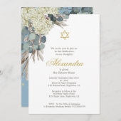 ユダヤ人少女の写真ベビー名前付けフローラブルー金ゴールド 招待状 (正面/裏面)