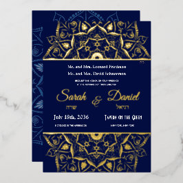 ユダヤ人結婚式招待状金ゴールド曼荼羅オンブルー 箔招待状