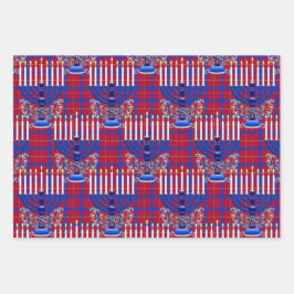 ユダヤ人 – （ユダヤ教）メノラー – 格子状 – ザクロ赤土 ラッピングペーパーシート