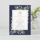 ユダヤ教の生命の祝い ネイビーブルー 植物の写真 招待状 (スタンド正面)