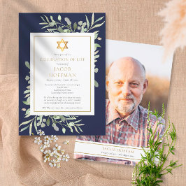 ユダヤ教の生命の祝い ネイビーブルー 植物の写真 招待状