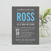 （ユダヤ教の）バル・ミツバーのモダンではっきりしたなブロックのタイプ灰色の水の青を禁止して下さい 招待状 (スタンド正面)