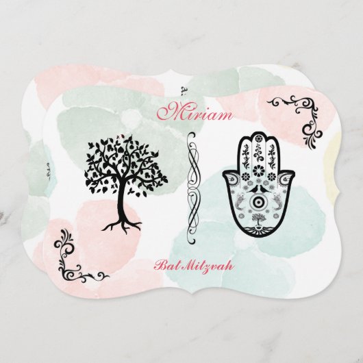 （ユダヤ教の）バル・ミツバーの招待状バーのこうもりのBnai Hamsaの生命の樹 招待状 (正面/裏面)