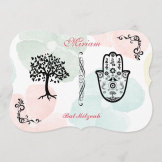 （ユダヤ教の）バル・ミツバーの招待状バーのこうもりのBnai Hamsaの生命の樹 招待状