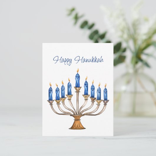 (ユダヤ教)メノラーと燃えるキャンドル幸せハヌカー ポストカード (スタンド正面)