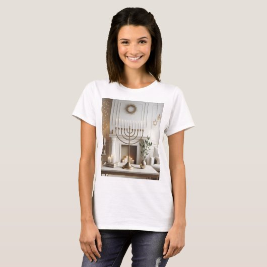 (ユダヤ教)メノラーを書いた蝋燭のある壁 Tシャツ (正面フル)