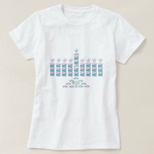 （ユダヤ教）メノラーピンク及びティール（緑がかった色）! Tシャツ