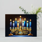 （ユダヤ教）メノラーフェスティバルのライトブルー抽象芸術スケッチ 箔シーズンカード (立ち正面)