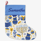 (ユダヤ教)メノラー&ドレデルブルーハヌカーストッキング ラージクリスマスストッキング (正面)