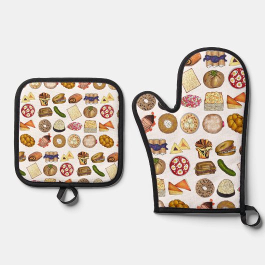 ユダヤ料理キュイジーズホリデーディナーフーズプリント 鍋つかみ&鍋敷きセット (正面)