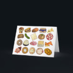 ユダヤ料理 ハoliday 夕食 食品 プリント カード<br><div class="desc">このデザインは、ユダヤ料理の人気食品のオリジナルイラストをフィーチャーしています。イラストには、バブカ、クリームチーズとスモークサーモンのベーグル、ルゲラッハ、ブルーベリーのクレープ、ハマンチュール、ルーベンサンドイッチ、コーシャーディルピクル、マッツァ、ほうれん草のキニッシュ、シャクシュカ、オニオンベーグル、ココナッツマカロン、イスラエルサラダ、クーゲル、ブーレカス、ビーフブリスケット、サワークリームのラトケ、マッツォボールスープ、スフガニヨット、そしてチャラブレッドの1斤などが含まれています。</div>