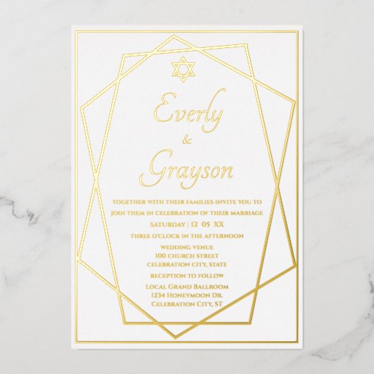 ユダヤ星幾何学模様結婚金ゴールド 箔招待状 (正面)