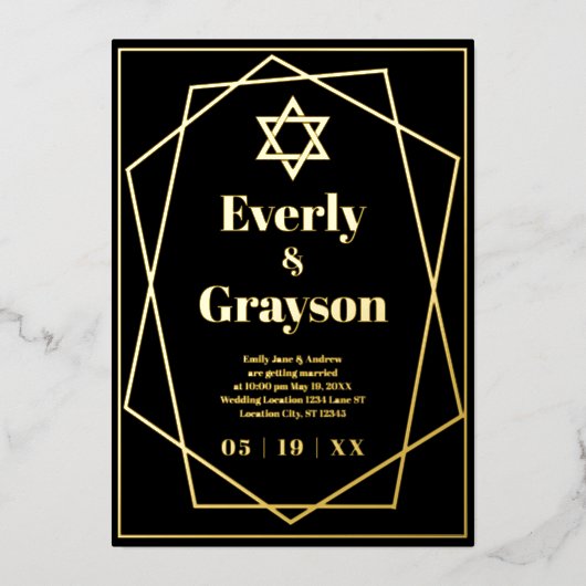 ユダヤ星幾何学模様金ゴールド結婚のフォイルI 箔招待状 (正面)