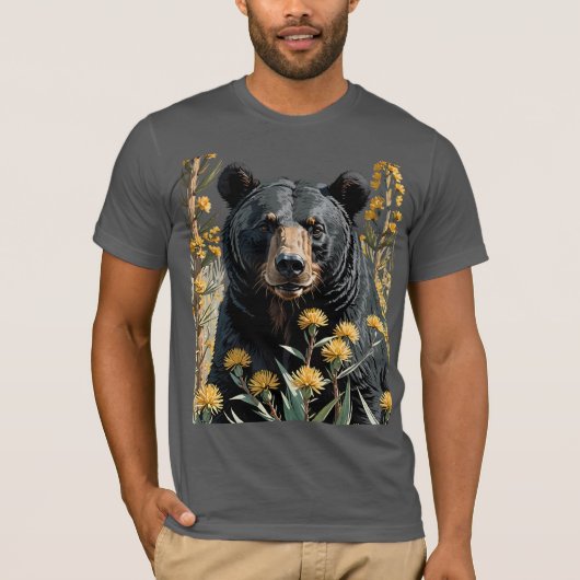 ユッカの花に囲まれた黒い熊 3 Tシャツ (正面)
