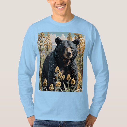 ユッカの花に囲まれた黒い熊 4 Tシャツ (正面)