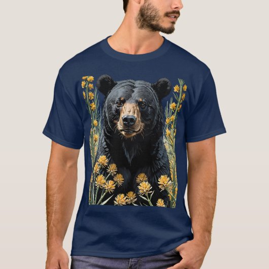 ユッカの花に囲まれた黒グマ 2 Tシャツ (正面)