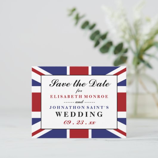 ユニオンジャック国旗のイギリスの結婚式の日付を保存 案内ポストカード (スタンド正面)