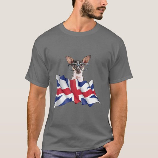 ユニオンジャック国旗の犬チワワWグラス Tシャツ (正面)