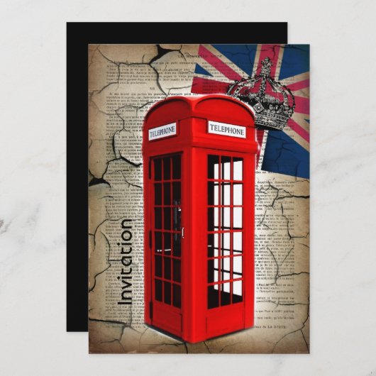 ユニオンジャック国旗ジュビリークラウン赤い電話ブース 招待状 (正面/裏面)