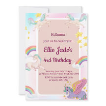 ユニコーカラフルンズレインボーピンク誕生日招待状