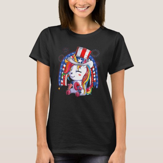 ユニコーンおじさんサム・ハット米国国旗7月K日4日 Tシャツ (正面)