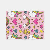 ユニコーンおもしろいパターンピンク魔法ウマかわいい フリースブランケット (正面(横))