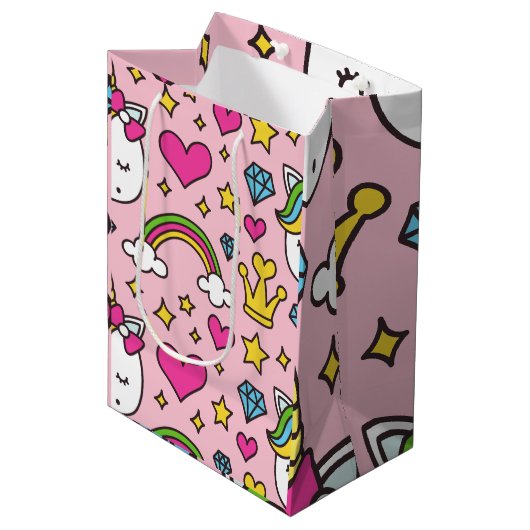 ユニコーンおもしろいパターンピンク魔法ウマかわいい ミディアムペーパーバッグ (正面アングル)