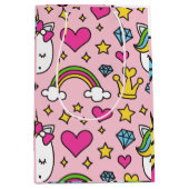 ユニコーンおもしろいパターンピンク魔法ウマかわいい ミディアムペーパーバッグ (正面)